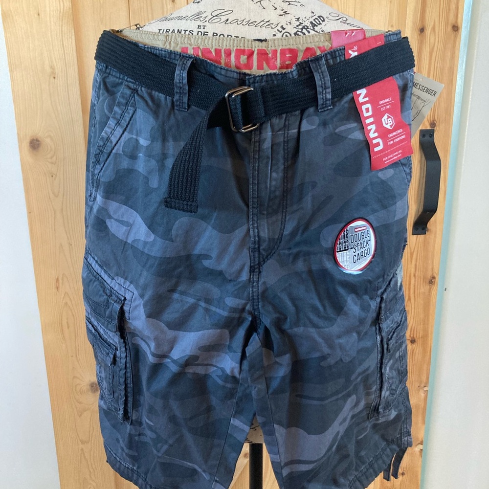 NWT Unionbay Gray Camo Cargo Shorts Double Stack with Belt 34"